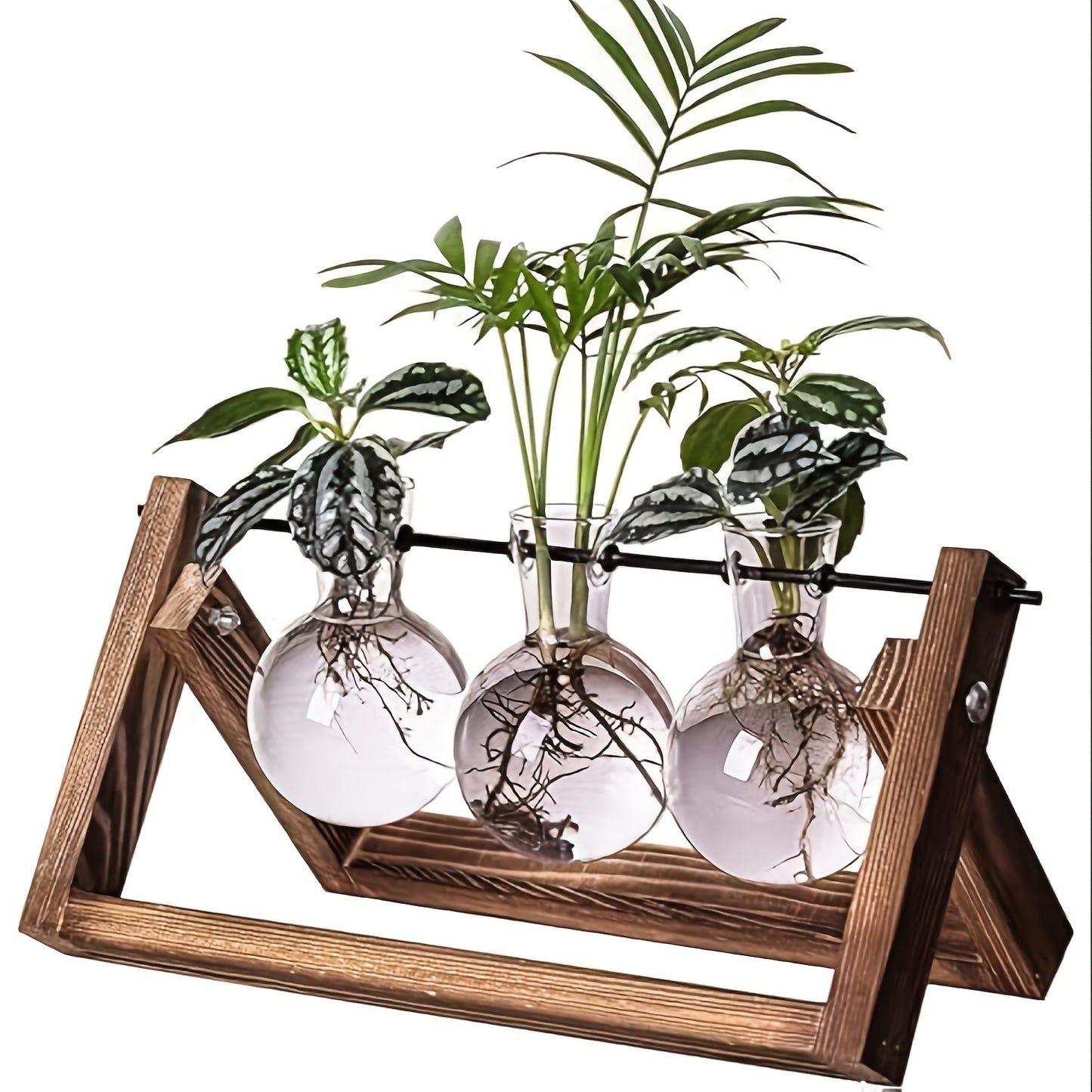 2\u002F3 Bulb Vase, Plant Container with Vintage Wooden Stand, Air Flower Pot Bulb Glass Vase Metal Swivel Stand Vintage Desktop for Hydroponics Home Garden Decorations, Office Desktop Ornaments, Valentine'S Day Gifts for Women