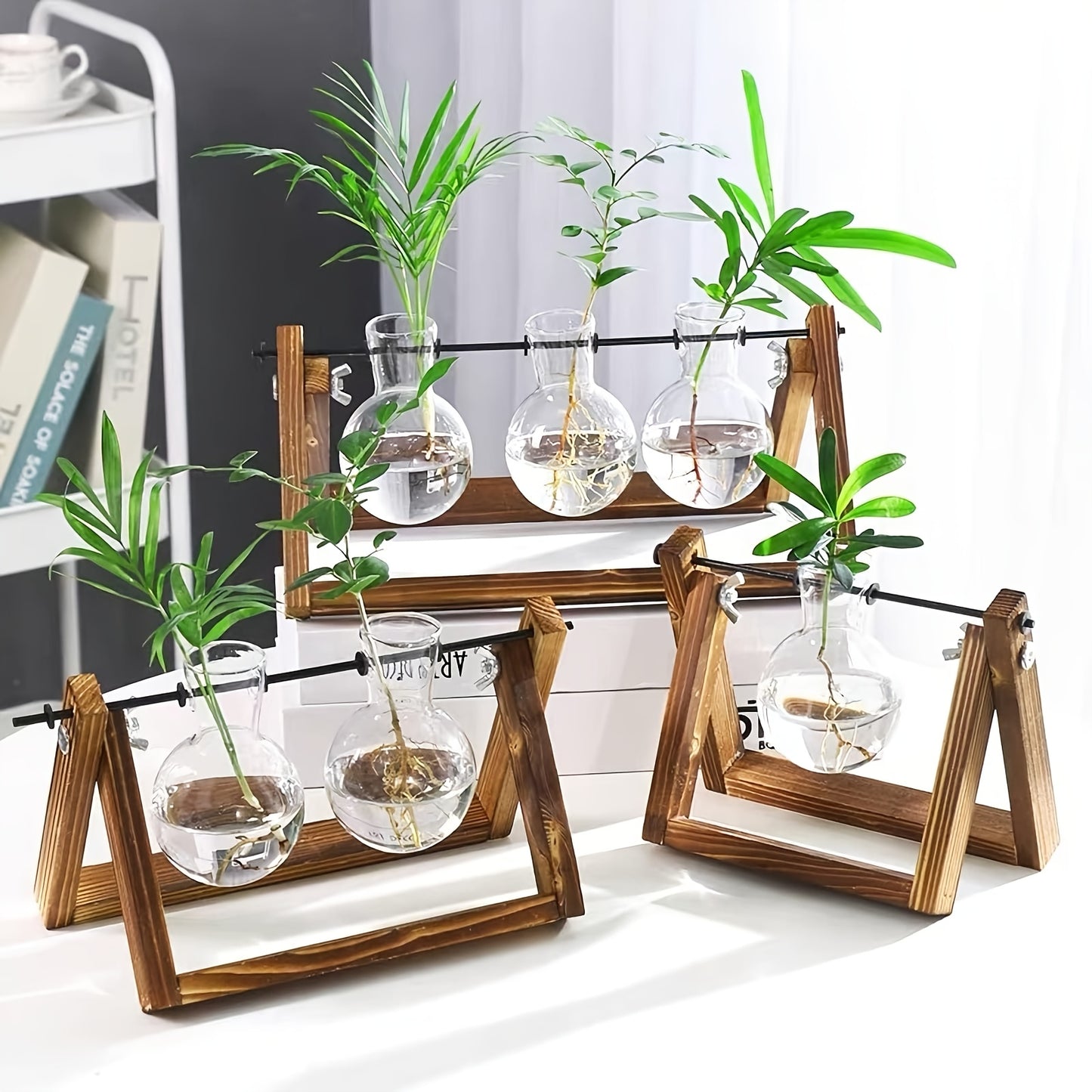 2\u002F3 Bulb Vase, Plant Container with Vintage Wooden Stand, Air Flower Pot Bulb Glass Vase Metal Swivel Stand Vintage Desktop for Hydroponics Home Garden Decorations, Office Desktop Ornaments, Valentine'S Day Gifts for Women