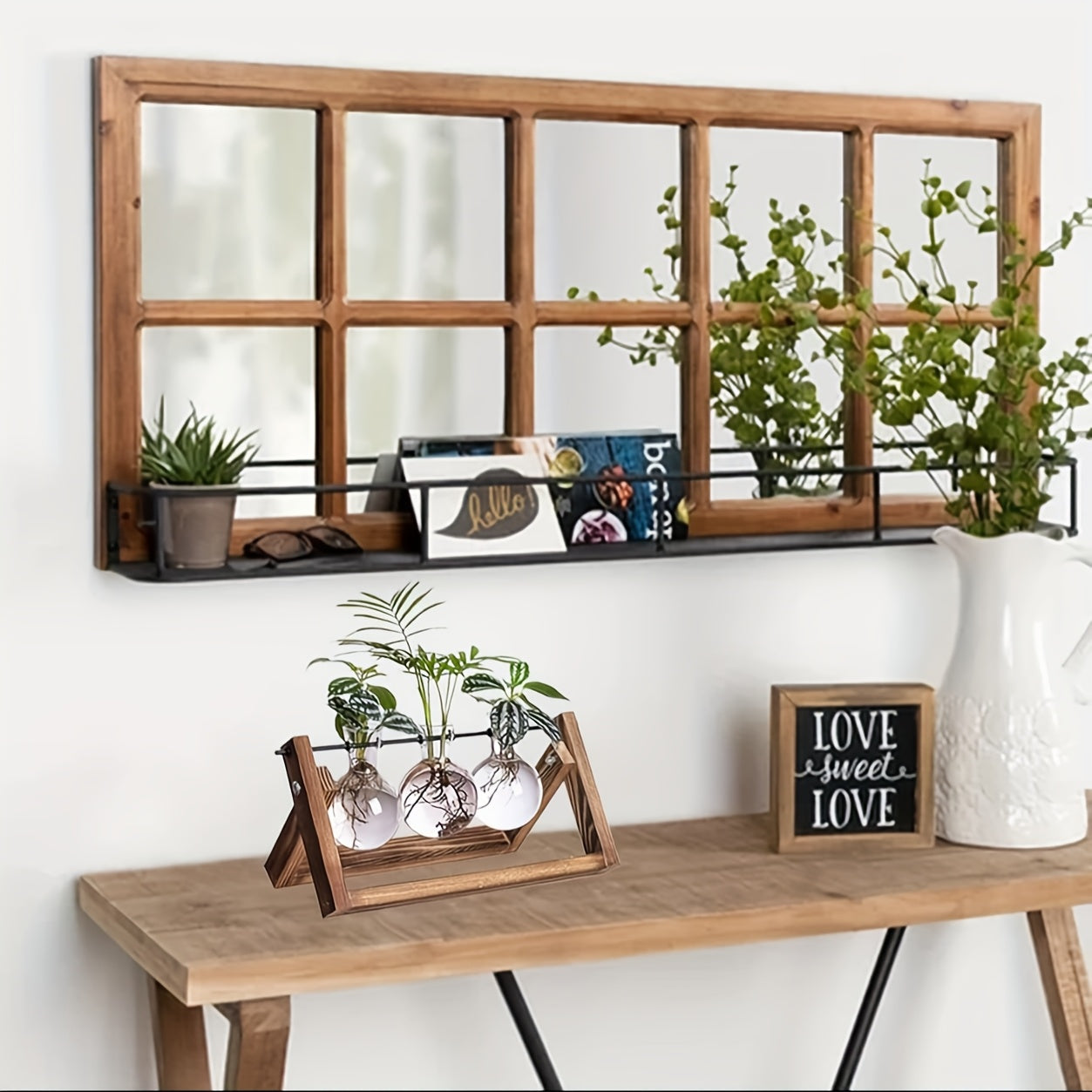2\u002F3 Bulb Vase, Plant Container with Vintage Wooden Stand, Air Flower Pot Bulb Glass Vase Metal Swivel Stand Vintage Desktop for Hydroponics Home Garden Decorations, Office Desktop Ornaments, Valentine'S Day Gifts for Women