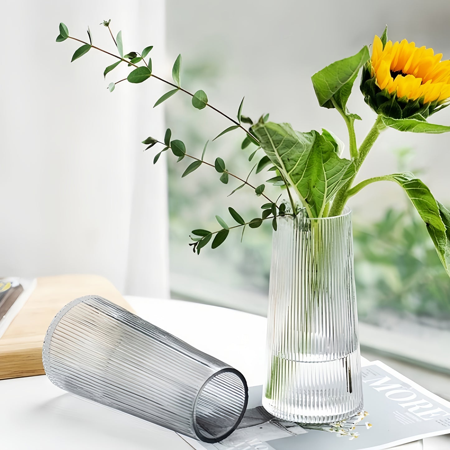 Large Clear Ribbed Glass Vase, 7.9\