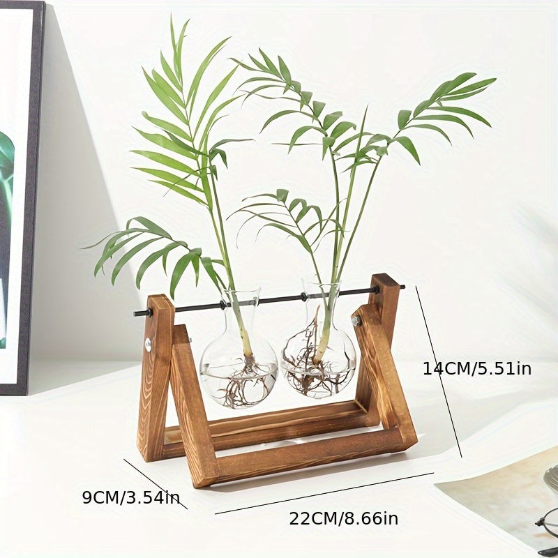 2\u002F3 Bulb Vase, Plant Container with Vintage Wooden Stand, Air Flower Pot Bulb Glass Vase Metal Swivel Stand Vintage Desktop for Hydroponics Home Garden Decorations, Office Desktop Ornaments, Valentine'S Day Gifts for Women