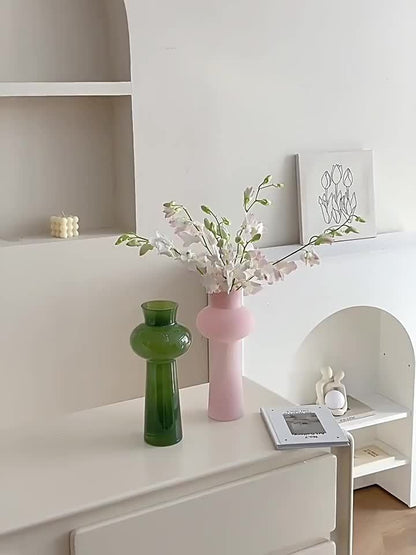 Elegant Nordic-Inspired Glass Vase Pink & Green 1pc Elegant Nordic-Inspired Glass Vase - Modern Minimalist Cylinder Shape Decor for Living Room, Hydroponic Flower Arrangement Display