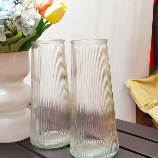 Large Clear Ribbed Glass Vase, 7.9\