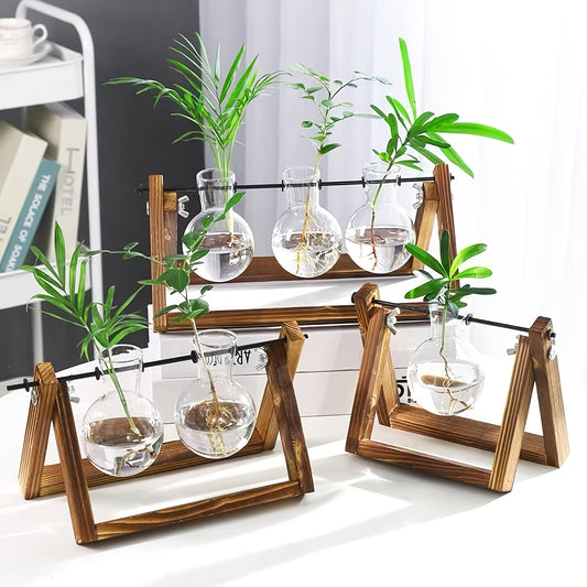 2\u002F3 Bulb Vase, Plant Container with Vintage Wooden Stand, Air Flower Pot Bulb Glass Vase Metal Swivel Stand Vintage Desktop for Hydroponics Home Garden Decorations, Office Desktop Ornaments, Valentine'S Day Gifts for Women