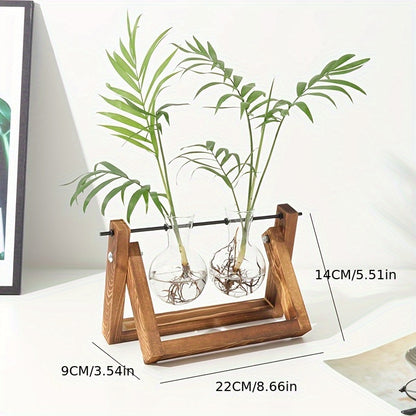 2\u002F3 Bulb Vase, Plant Container with Vintage Wooden Stand, Air Flower Pot Bulb Glass Vase Metal Swivel Stand Vintage Desktop for Hydroponics Home Garden Decorations, Office Desktop Ornaments, Valentine'S Day Gifts for Women