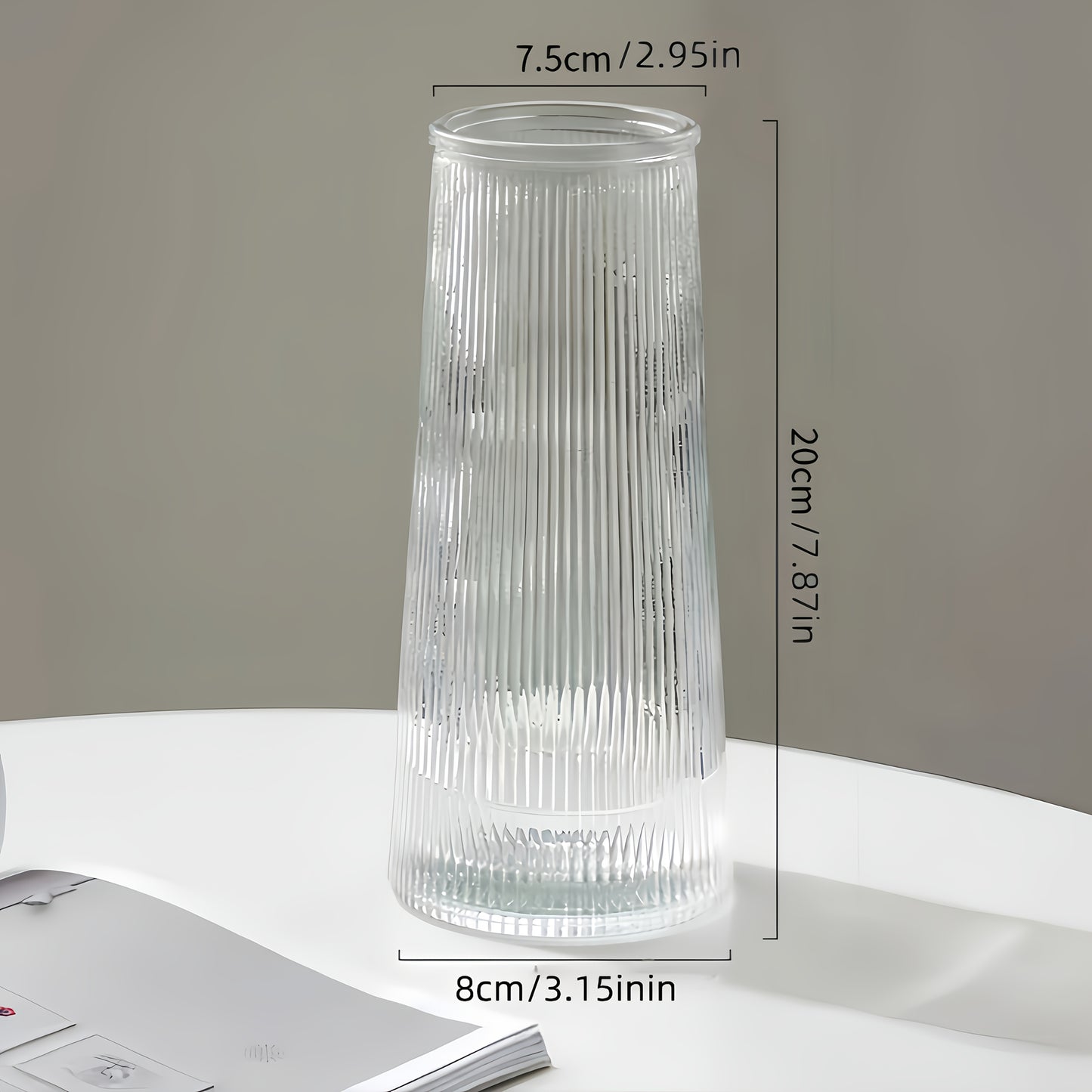 Large Clear Ribbed Glass Vase, 7.9\